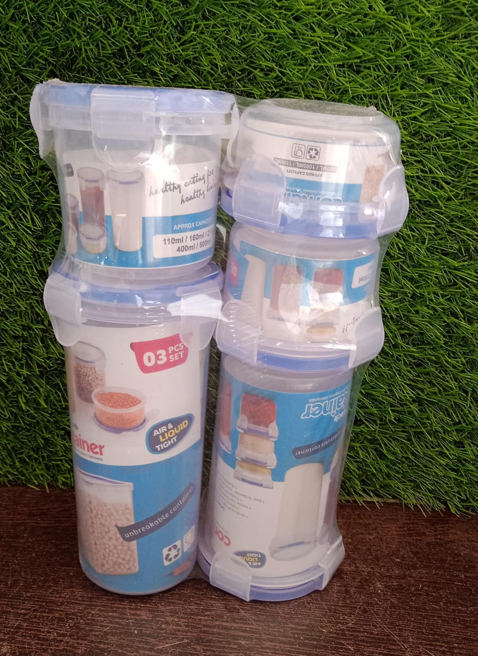 An organised display of multiple round airtight food storage containers on a kitchen shelf.
