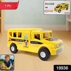 Kids playing with friction-powered school bus toy vehicle