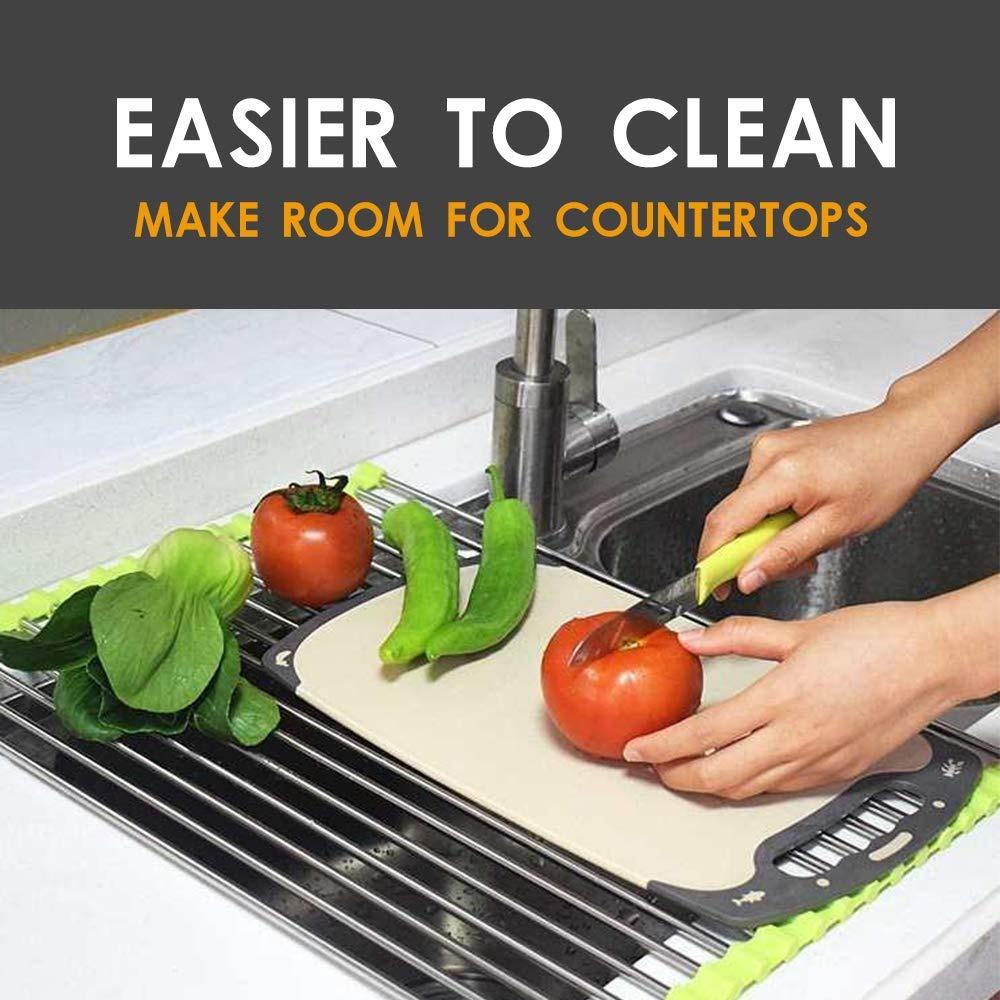 Foldable dish drying rack for sink, neatly rolled up for compact storage.