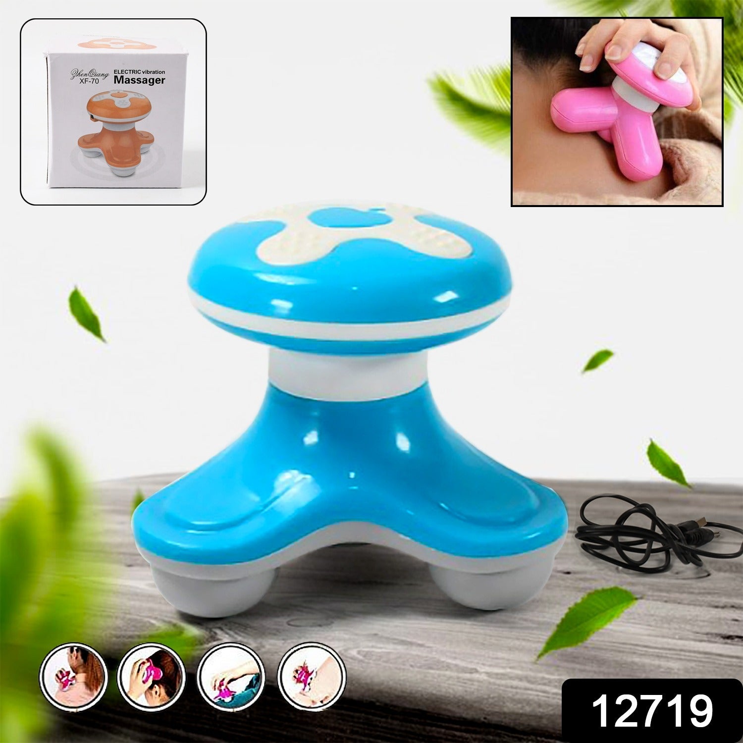 Compact portable massager fitting comfortably in hand for easy use.