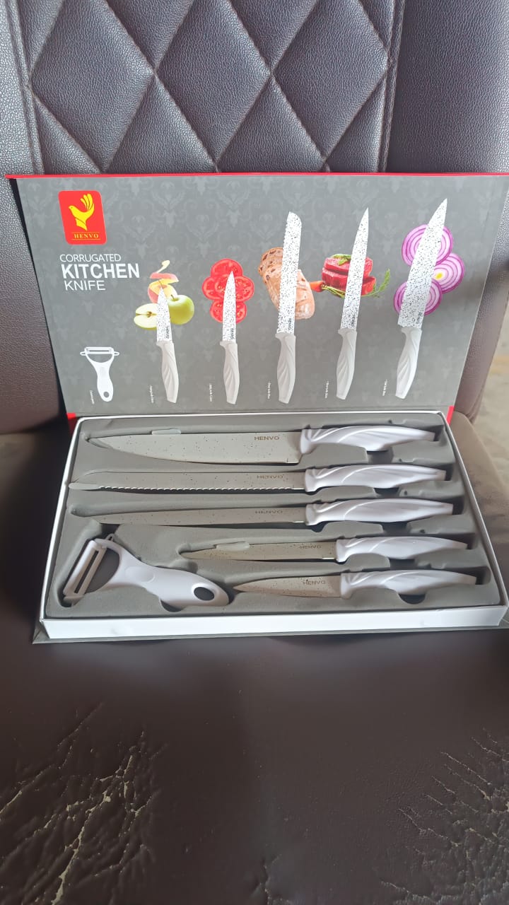 Complete 6-piece kitchen knife set with marble finish blades and peeler