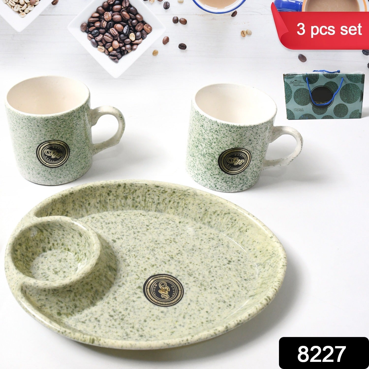 Close-up of the elegant ceramic tea cups and the convenient serving platter.