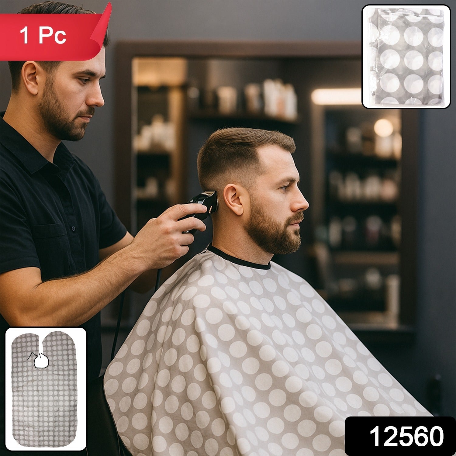 Professional barber cape with polka dot pattern for hair cutting