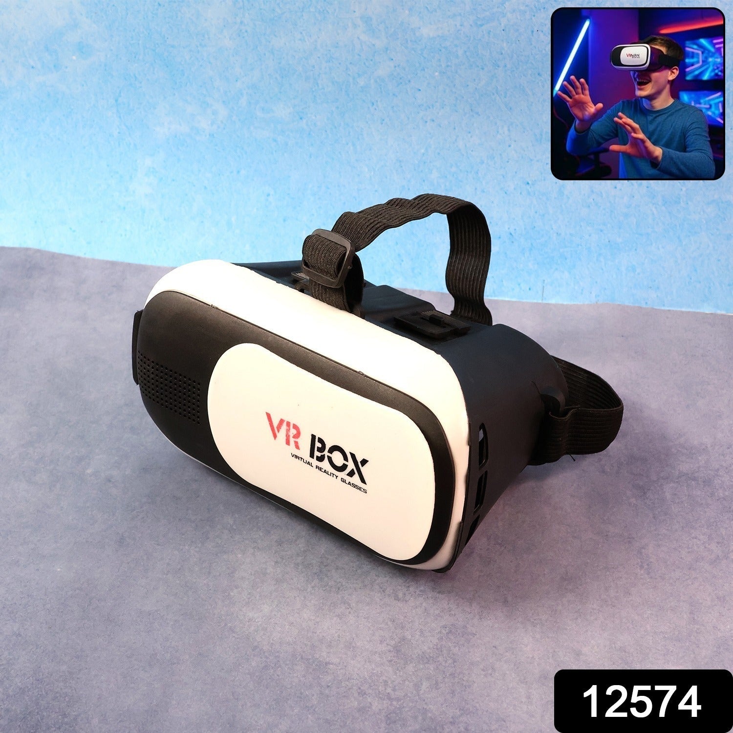 User wearing VR BOX Virtual Reality 3D Glasses Headset enjoying immersive smartphone VR gaming