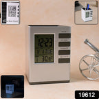  digital desk clock organizing pens and displaying time on office desk
