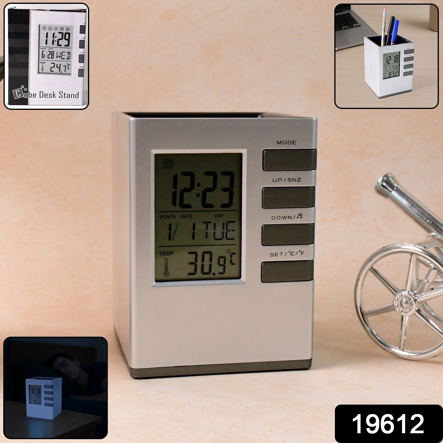  digital desk clock organizing pens and displaying time on office desk