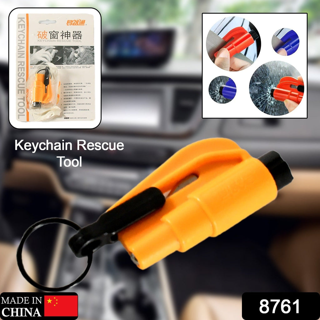 Compact Emergency Safety Cutter keychain with glass breaker and seat belt cutter.