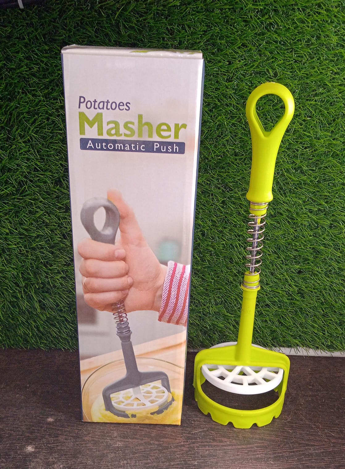 Manual potato masher with its packaging, ready for use in any Indian kitchen.