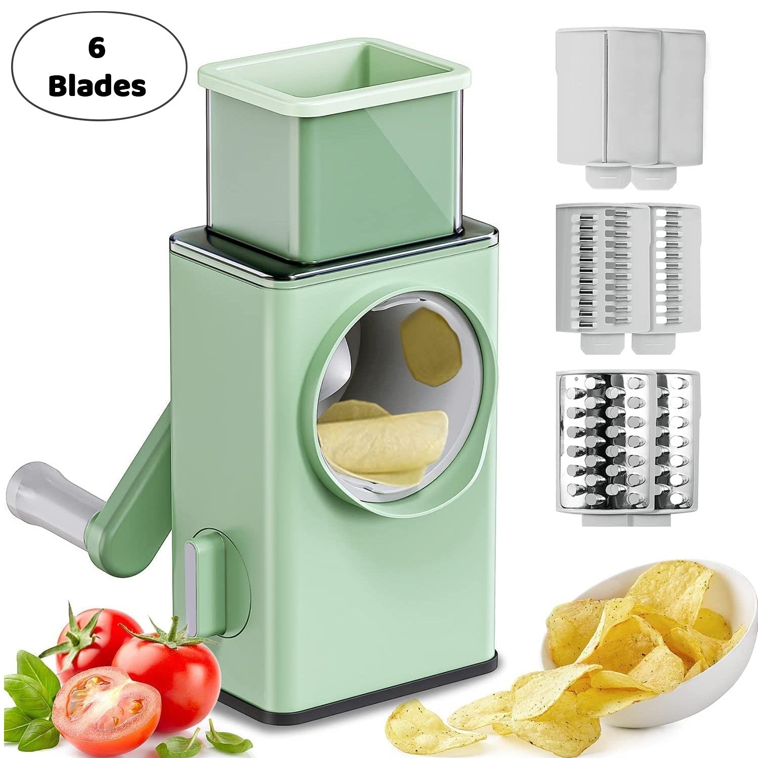 All components of the multifunctional stainless steel vegetable chopper, including 6 sharp blades.