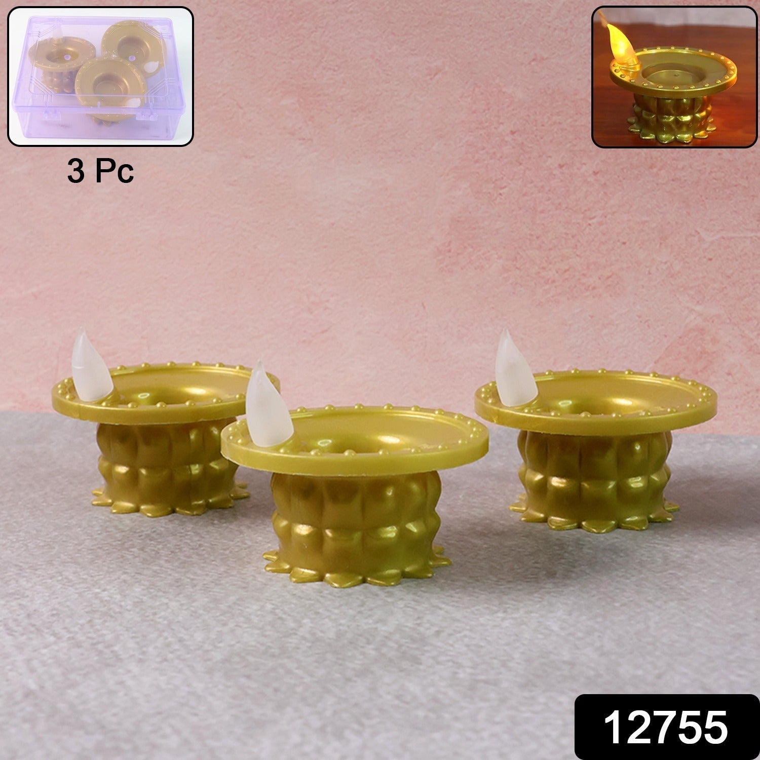 Golden water sensor LED diyas glowing in a decorative arrangement.
