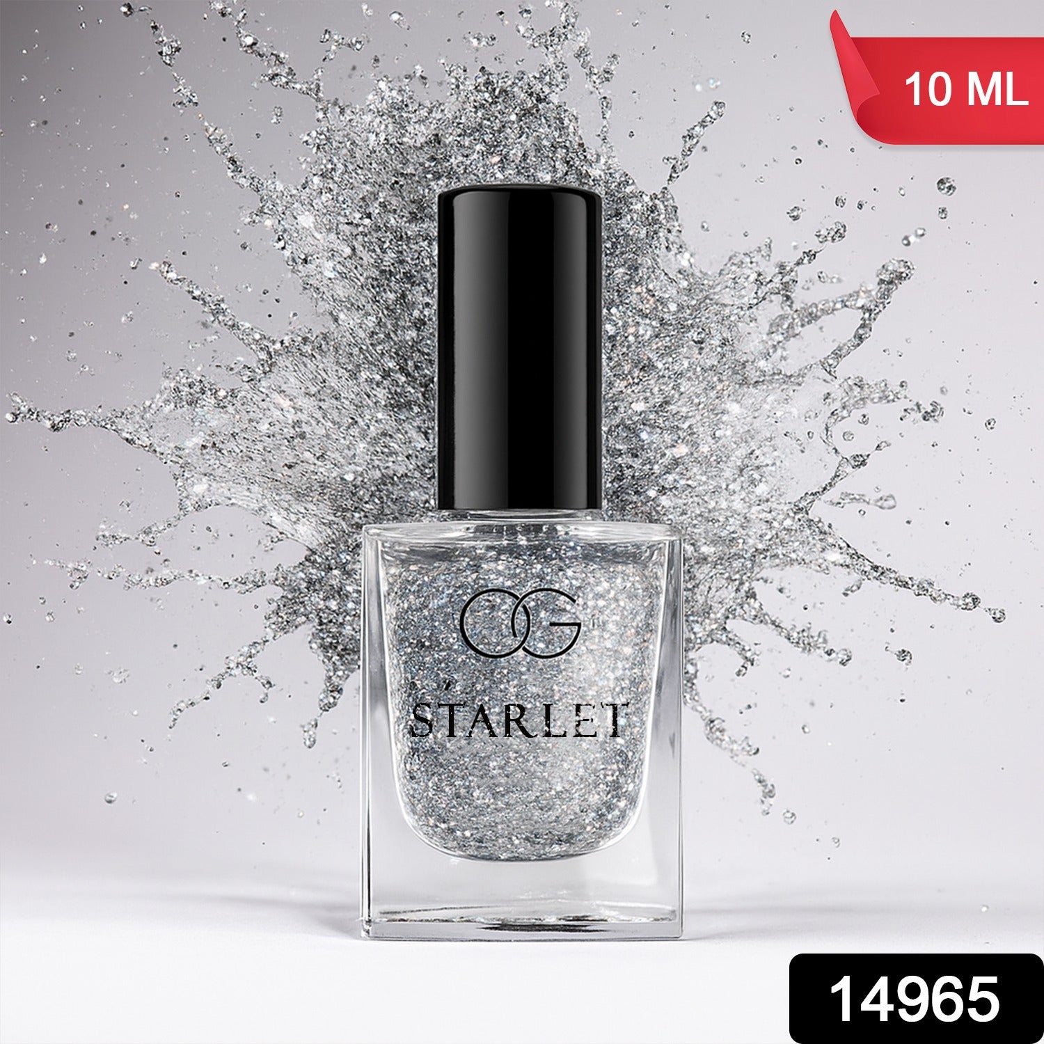 Close-up of Silver Moonlight glitter nail polish applied on nails with shining sparkle