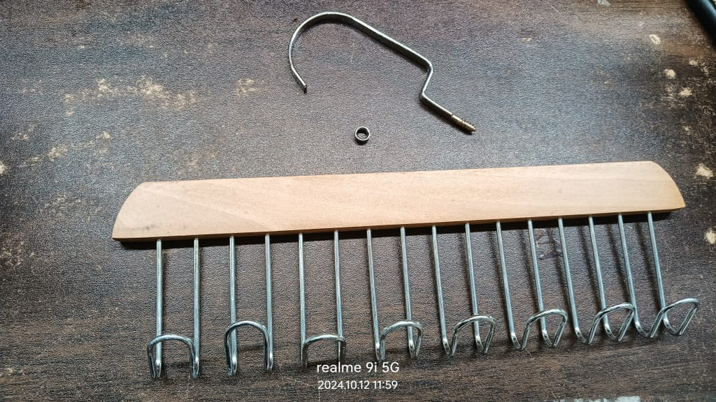 Organivo 8-hook wooden hanger specifically designed for organizing ties and belts.