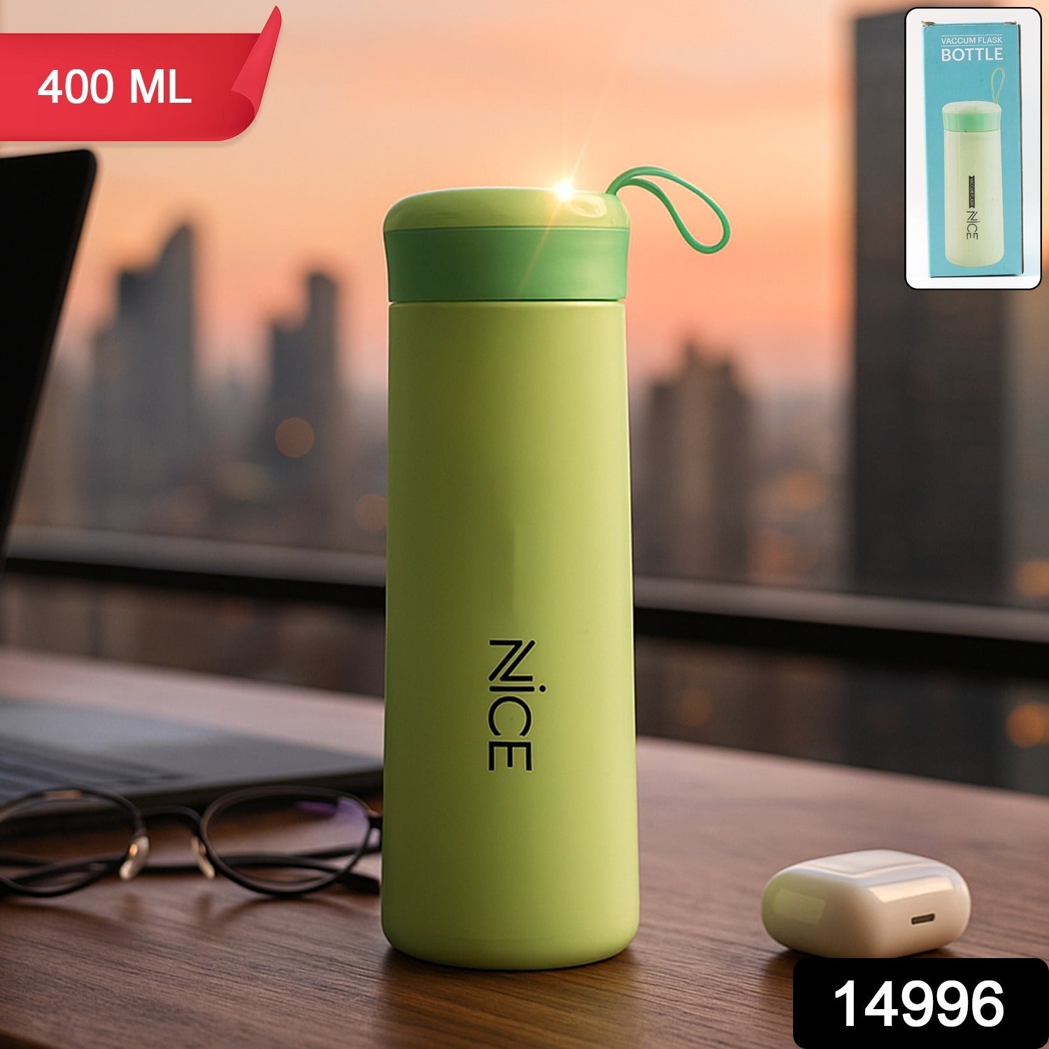 Green thermal bottle with lightweight BPA-free plastic and carry strap
