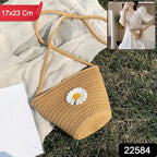 Natural fiber jute sling bag with floral design