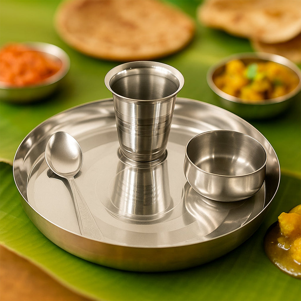Stainless steel thali set components with key dimensions indicated.