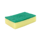 Efficient scrub sponge cleaning and shining a kitchen sink surface.