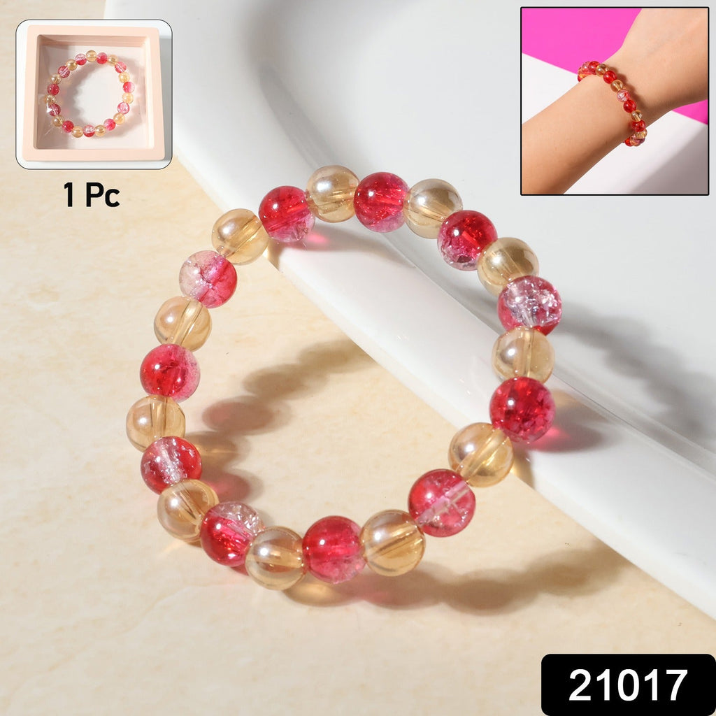 Close-up of beaded stretch bracelet highlighting elastic design and round beads