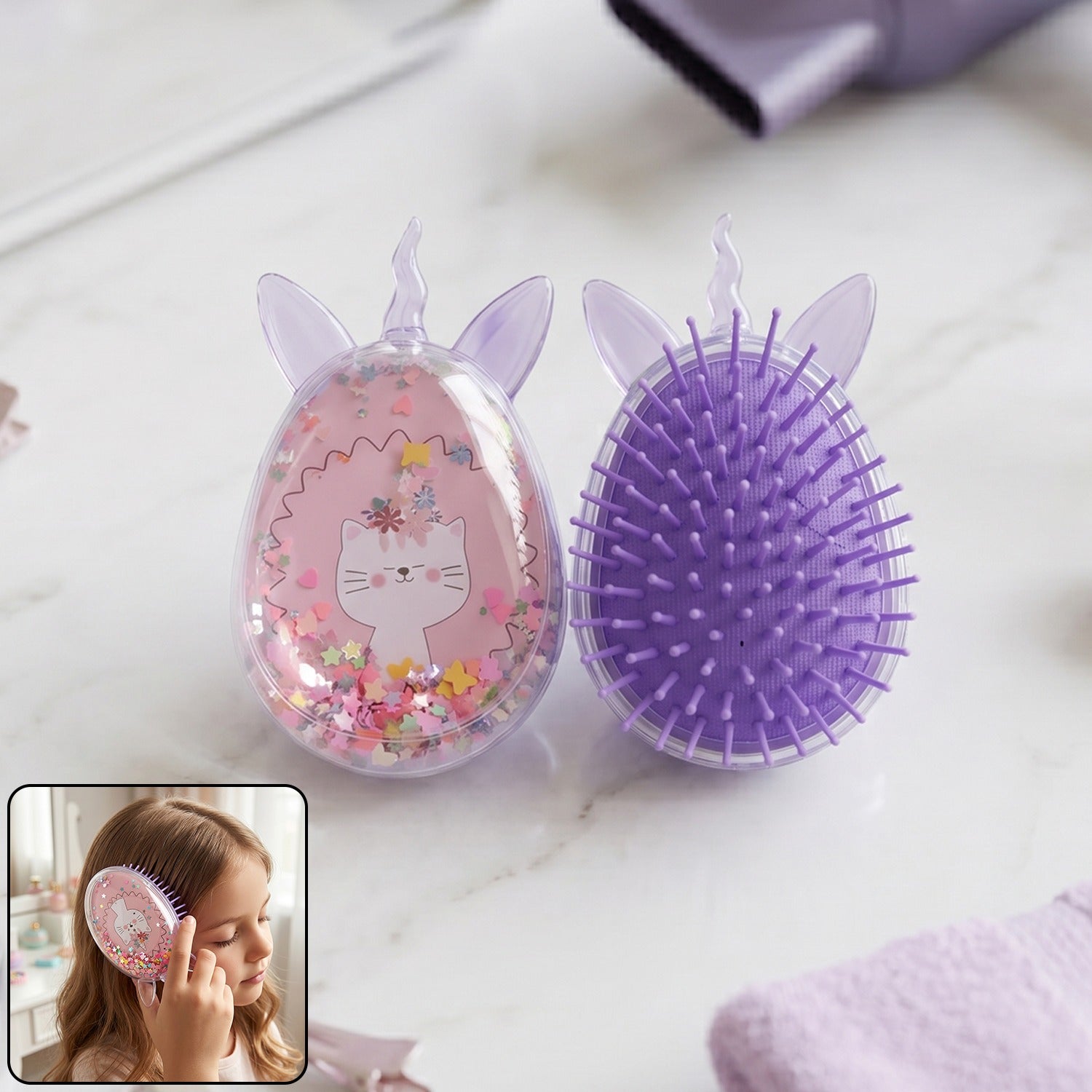 Colorful unicorn glitter hair brush suitable for children