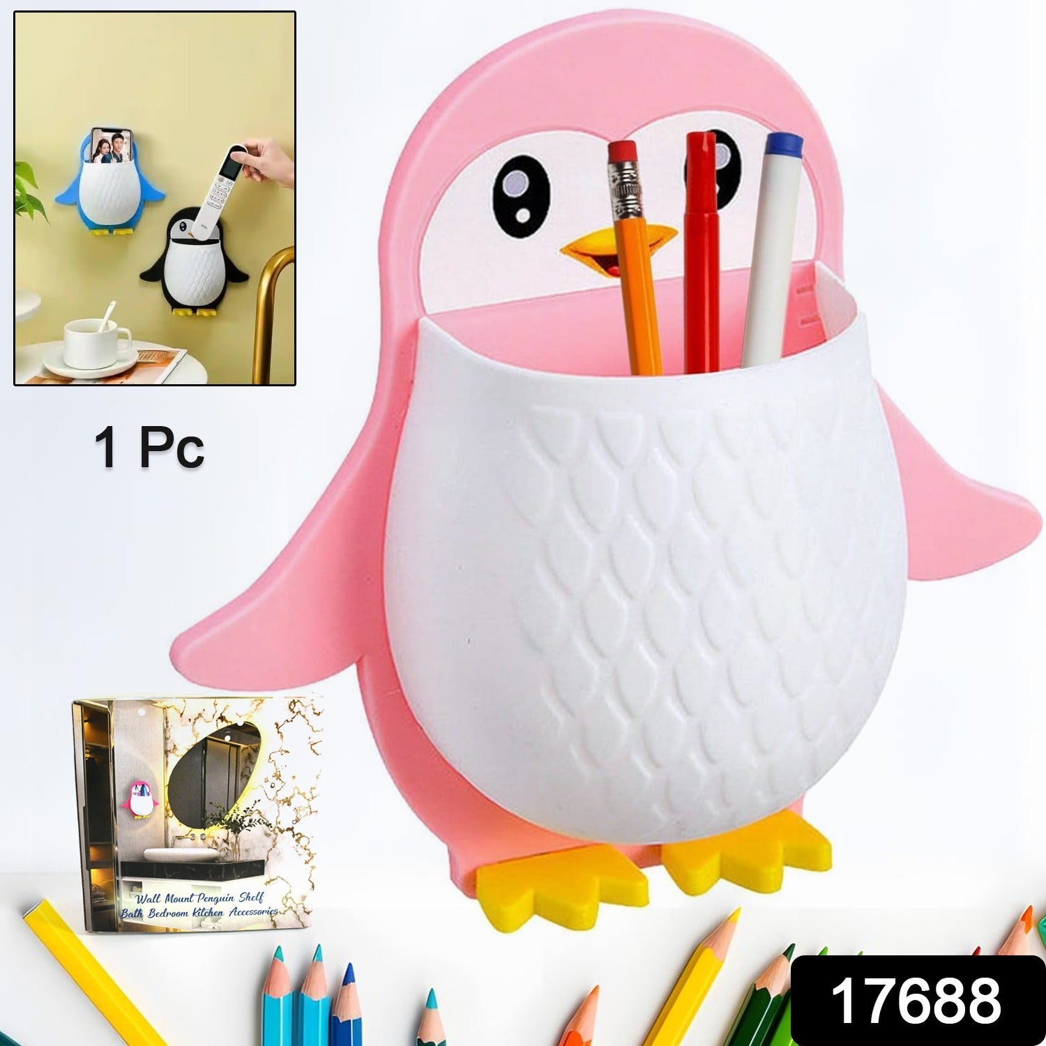Side view of Penguin storage box holding remote control and electric toothbrush