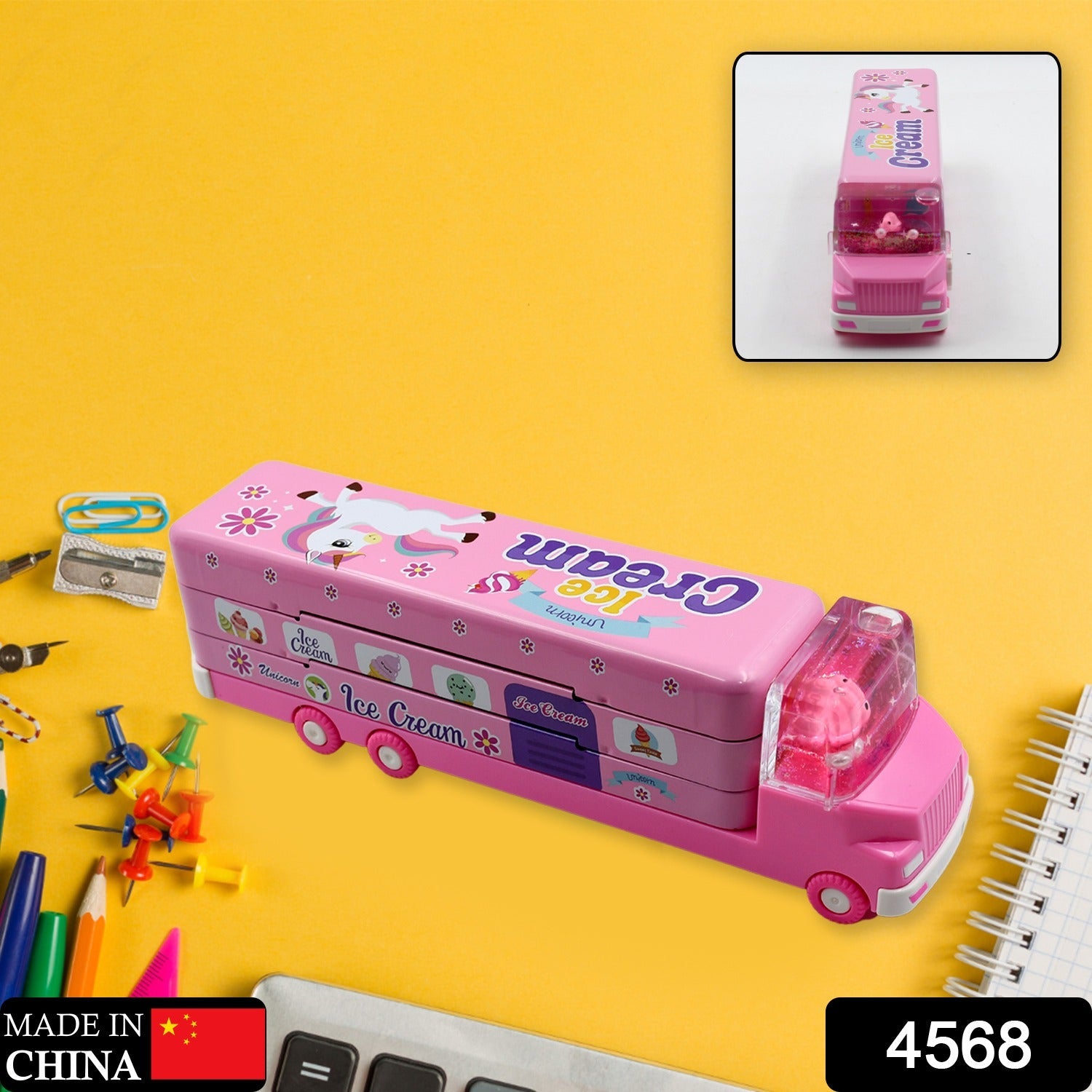 Open metal Kids Truck Pencil Case revealing multi-level storage trays and an inbuilt sharpener.
