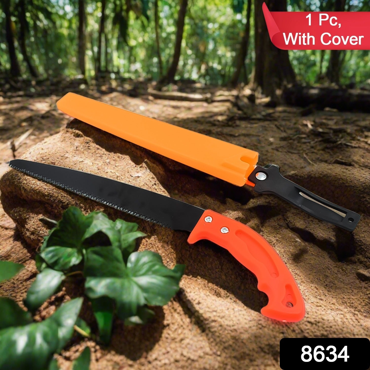 Close-up of the sharp high carbon steel blade and ergonomic rubber handle of the pruning saw.