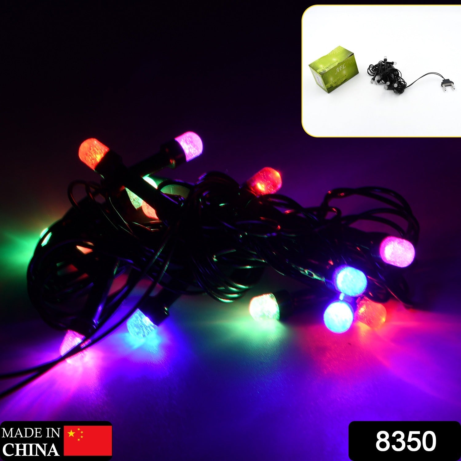Bright multi-color LED string lights suitable for outdoor use.