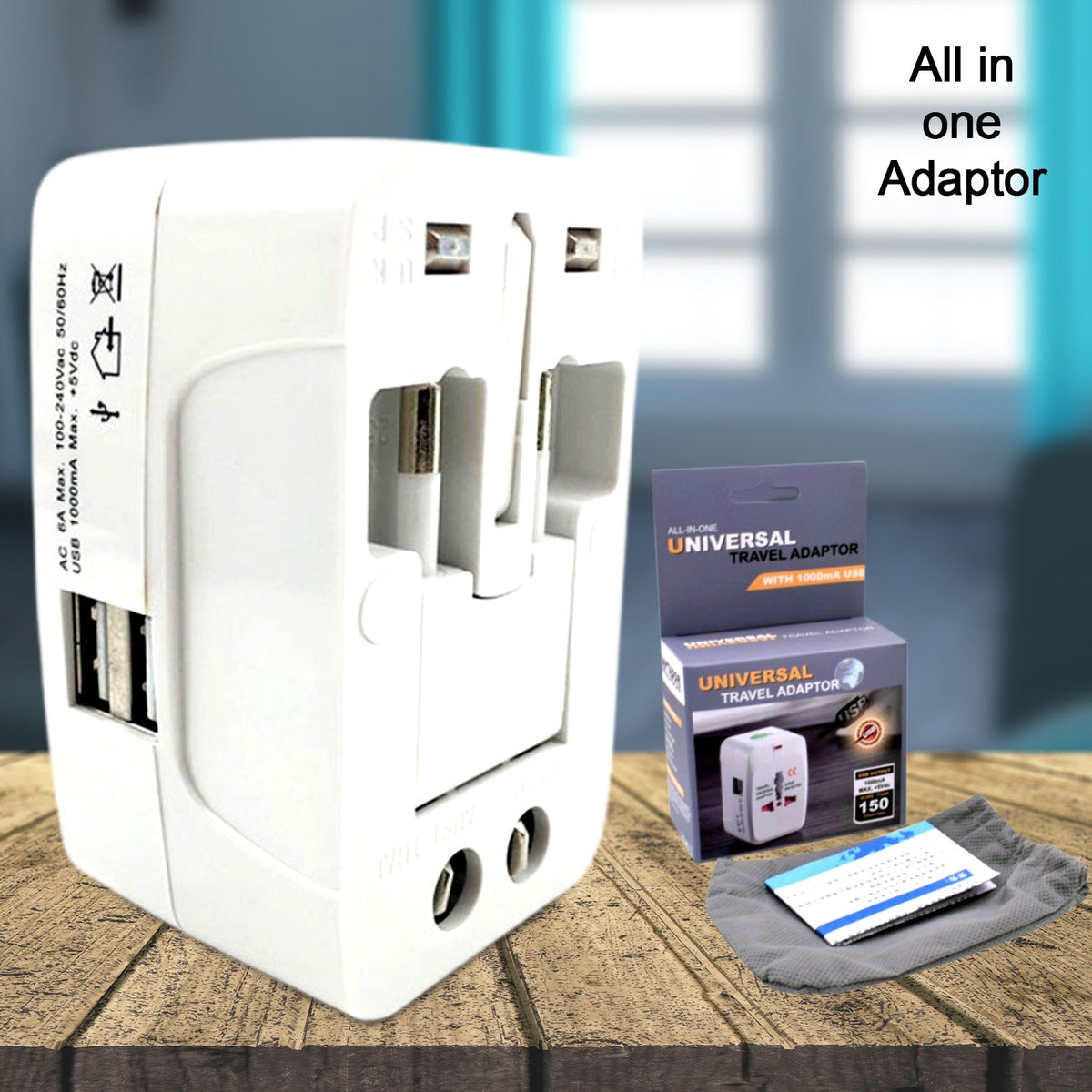 Poravar Universal Travel Adapter showing AU, UK, US, EU plug types.