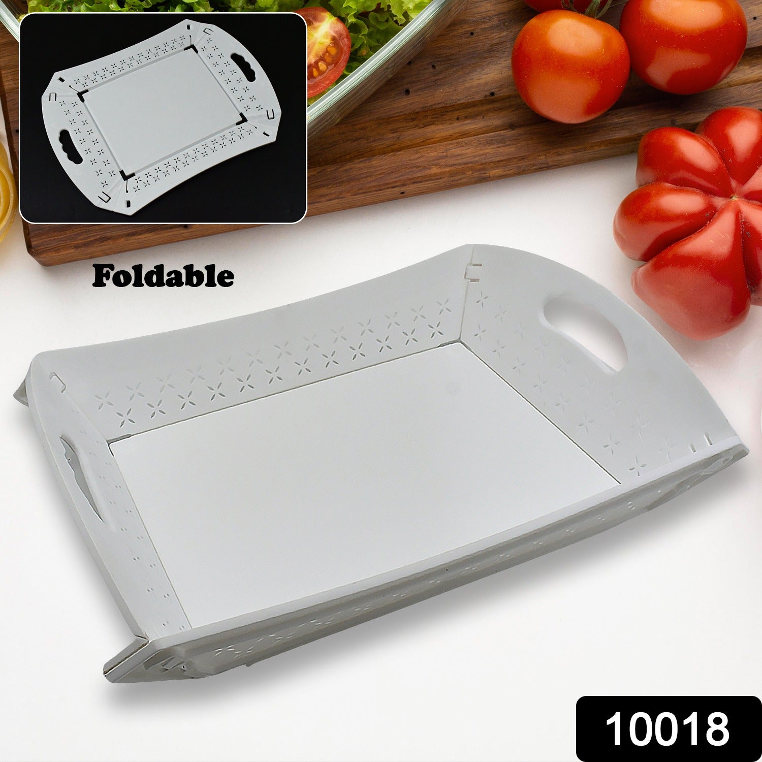 Top-down view of the portable plastic serving tray, highlighting its integrated handle and spacious surface.