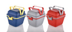 Side view of the durable plastic lunch box, highlighting its handle and push lock.