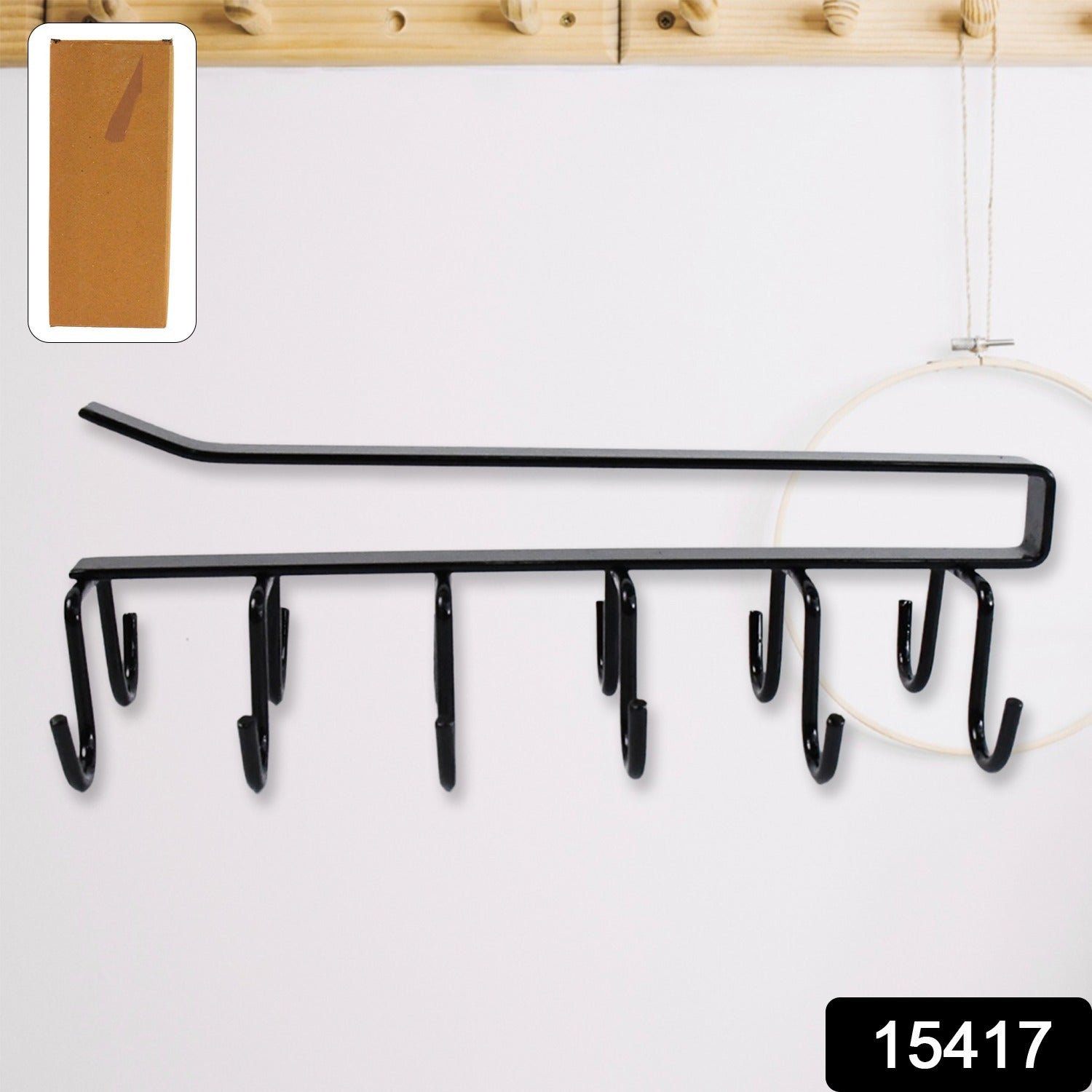 Under cabinet double-row mug holder rack with 6 hooks holding mugs.
