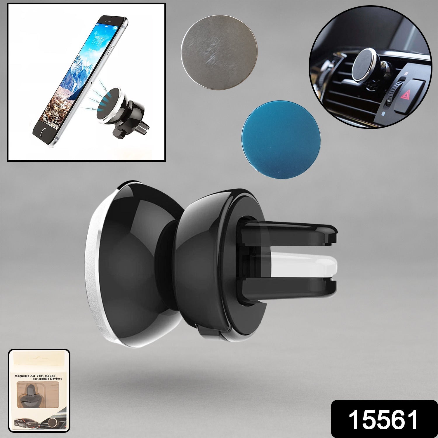 Side view of universal magnetic car phone holder clipped on air vent