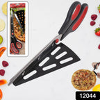 2-in-1 pizza cutter scissors with removable spatula shown in action.