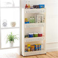Multicolor 4-tier space saving storage rack with wheels, shown in a kitchen setting.