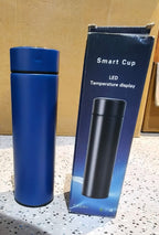 Blue vacuum insulated stainless steel water bottle with LED temperature display