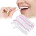 Close-up view of a dental floss pick demonstrating easy tooth cleaning.