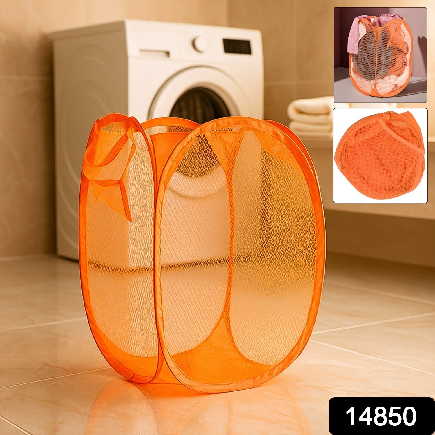 Breathable mesh laundry hamper featuring reinforced carry handles for easy transport