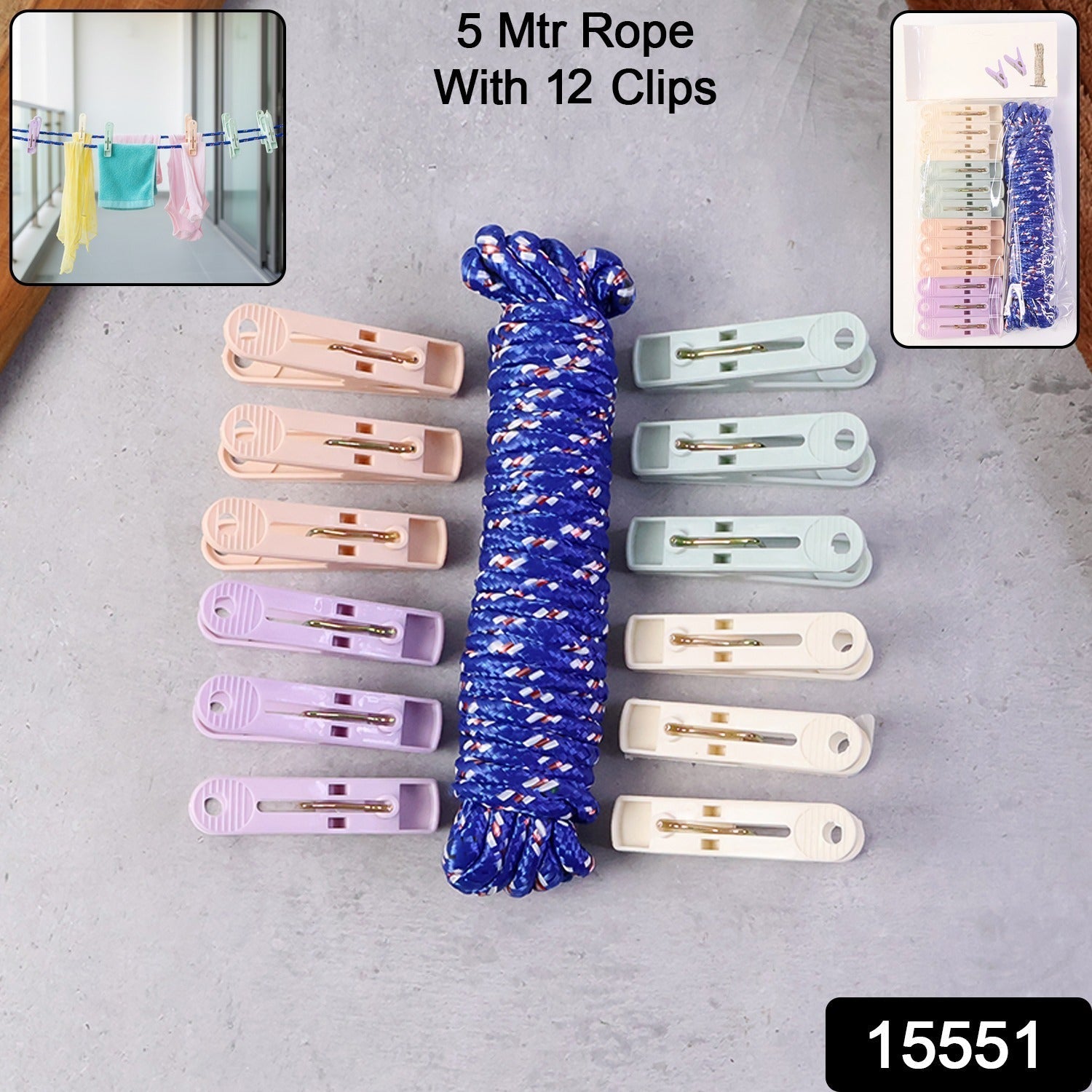 Close up of durable plastic clips on clothes drying rope