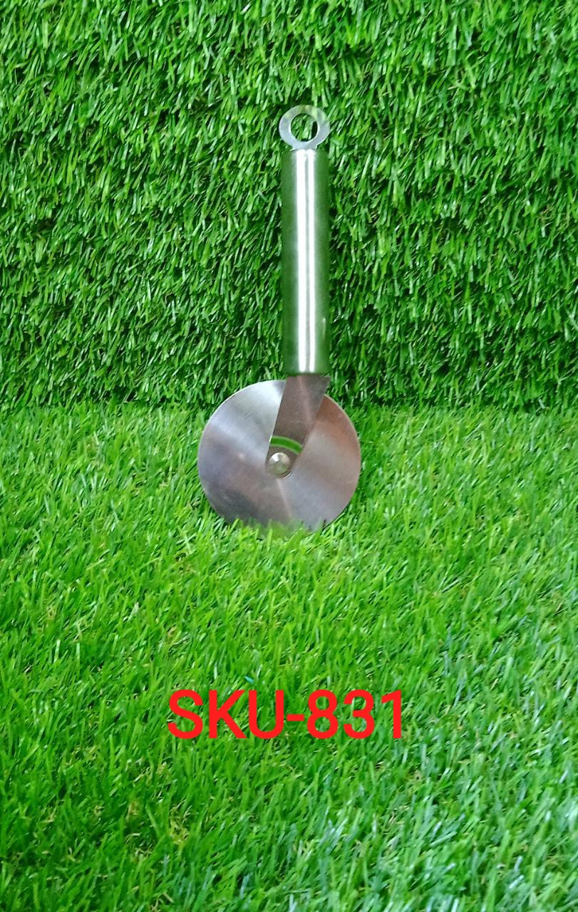 Multi-purpose stainless steel cutter for various kitchen tasks.