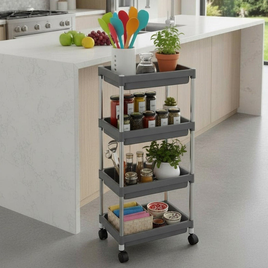 Neutral colored 4-layer rolling storage cart suitable for kitchen or office