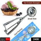 Close-up of the easy-release trigger on the stainless steel ice cream scoop.