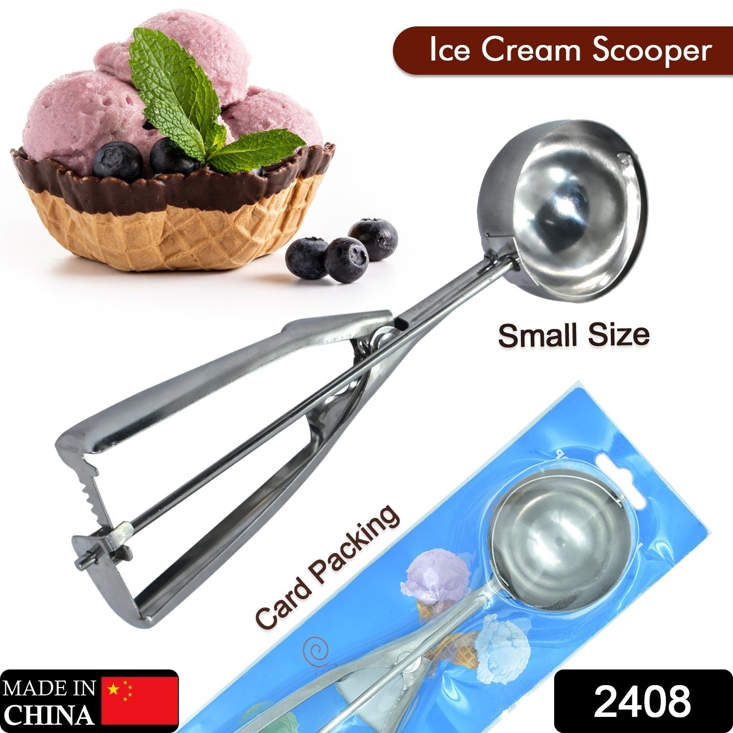 Close-up of the easy-release trigger on the stainless steel ice cream scoop.