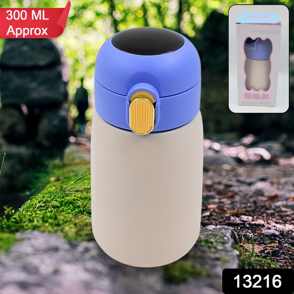 Close-up of smart water bottle's LED screen displaying beverage temperature.