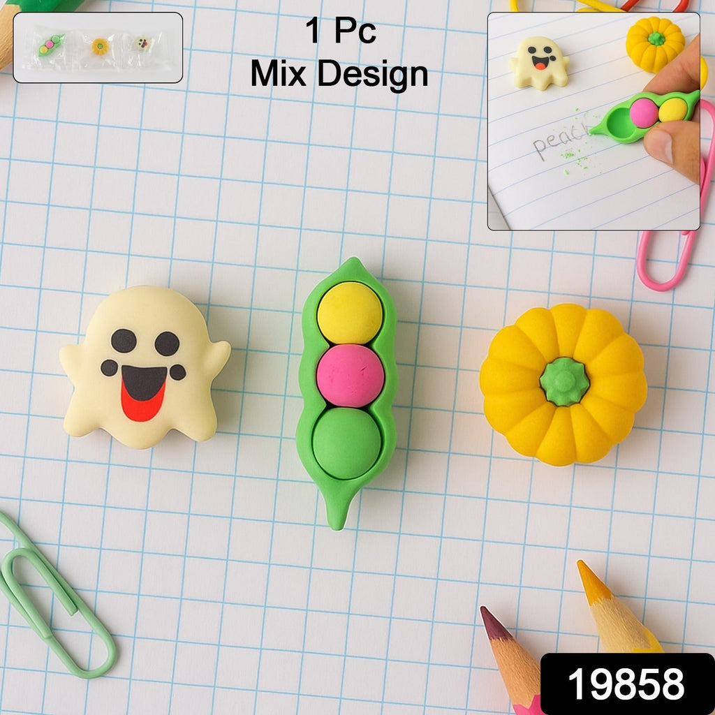 A cheerful yellow smiley face cartoon eraser, made from soft, non-toxic rubber for clean erasing.