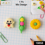 A cheerful yellow smiley face cartoon eraser, made from soft, non-toxic rubber for clean erasing.