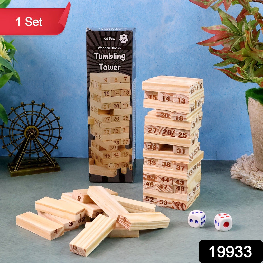 Close-up of numbered wooden blocks used in the Tumbling Tower game