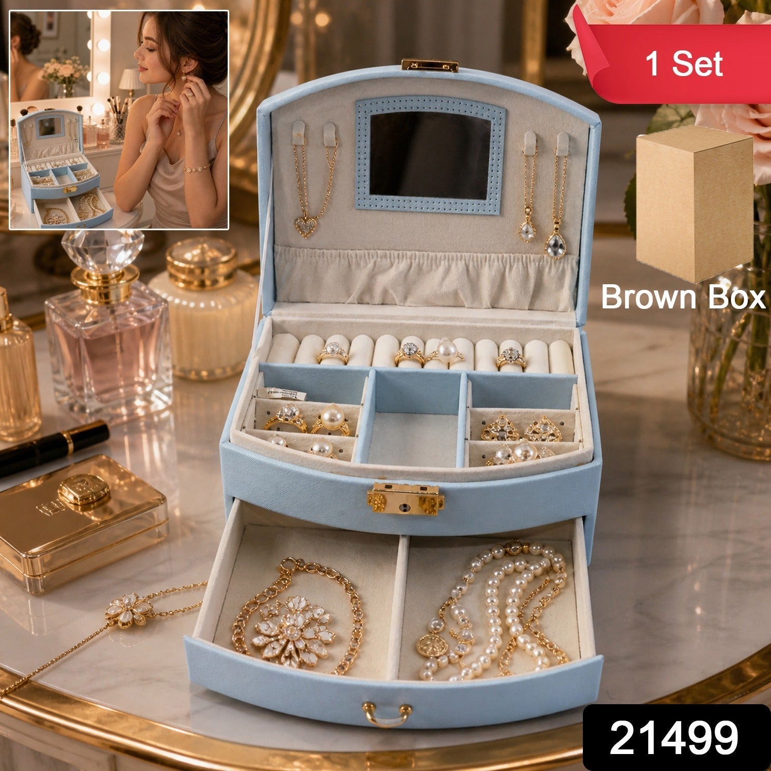 Open view of multi-layer jewelry box with mirror showing compartments in India