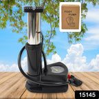Ergonomic foot bike pump in use, easily inflating a bicycle tire.