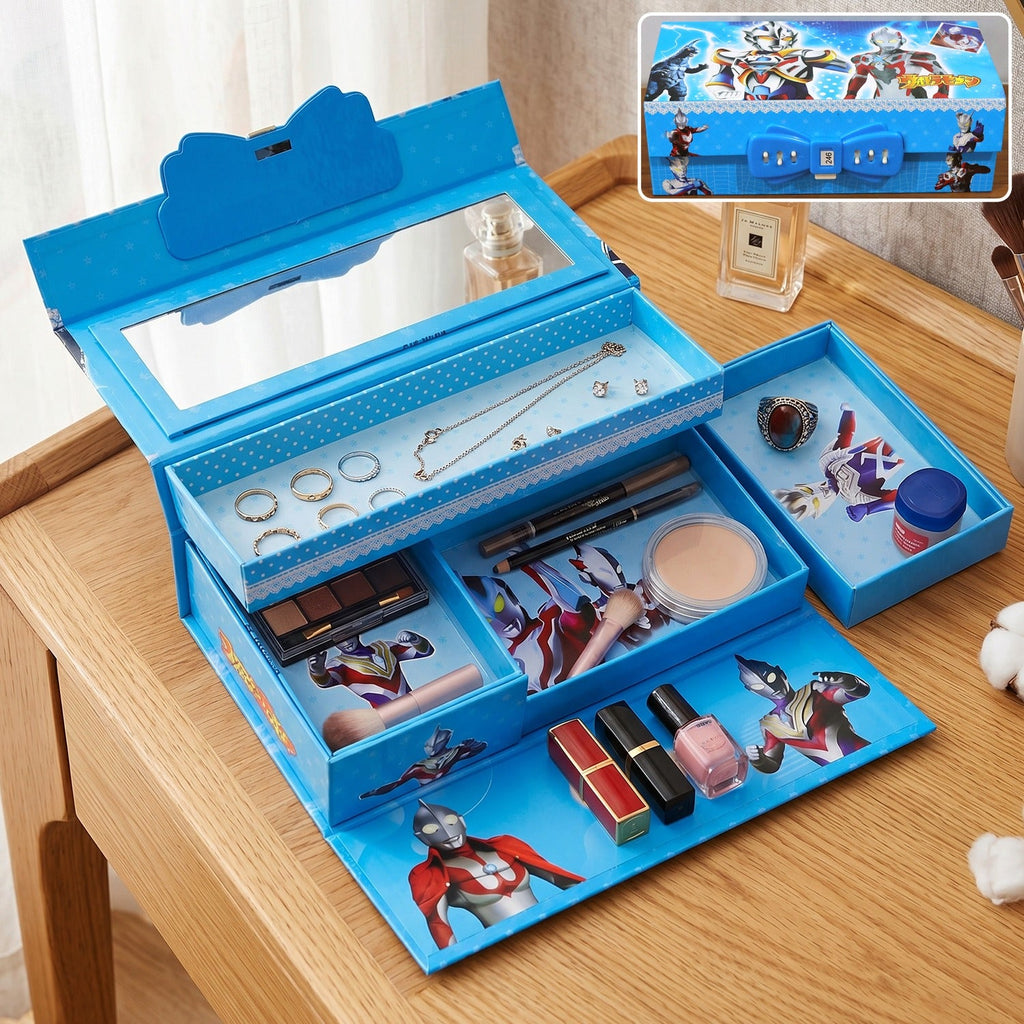 Multi-layer plastic makeup and jewelry storage box with mirror