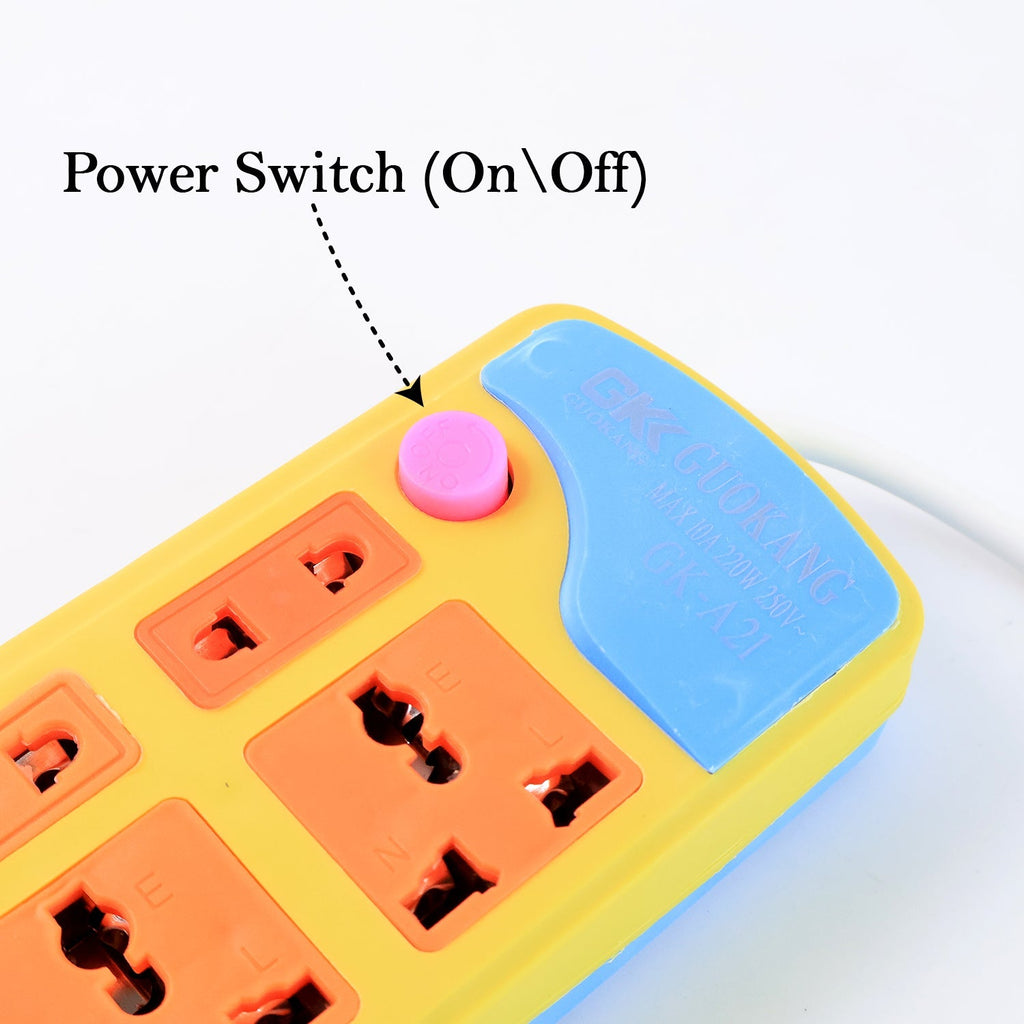 Close-up of socket strip showing 8 multi-type power outlets
