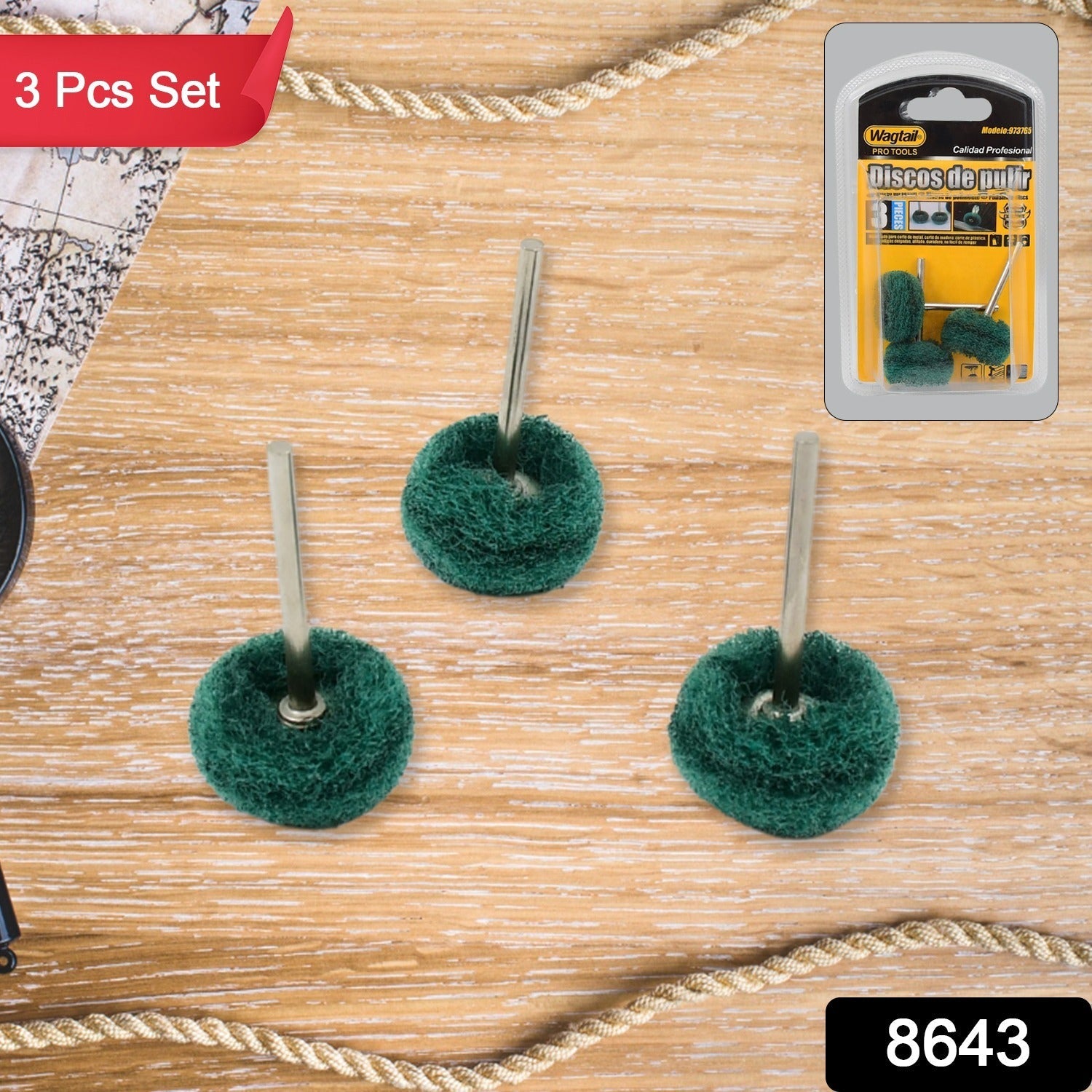 Close-up of the versatile abrasive polishing wheels for detailed work.